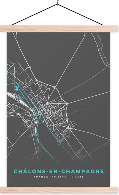 Posterhanger incl. Poster 40x60 cm - Schoolplaat - Frankrijk - Châlons-en-Champagne - Stadskaart - Plattegrond - Kaart - Textielposter - Blanke latten - Stadskaart