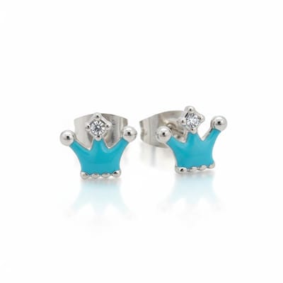 Aramat Jewels | Oorbellen | Stalen Emaille oorbellen kroontje met steentje | Goudkleur / Aqua Blauw | |7mm | Staal | Kinderen, Volwassenen | Verkleurd niet