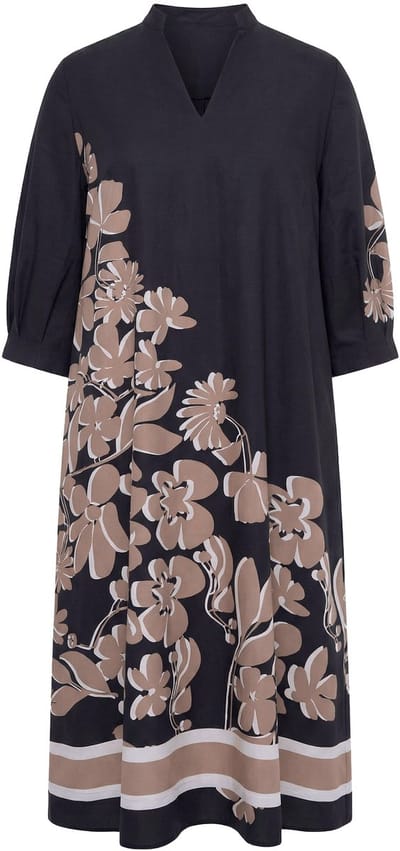 Ulla Popken - Dames - Midi-jurk lyocell A-lijn coltrui 3/4 mouw - Zwart - Maat 46+