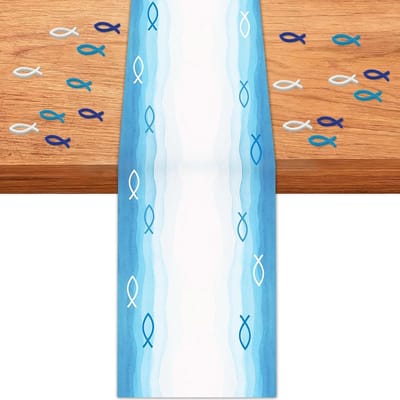 Tafelloper vis van vlies, bevat 18 houten vissen, communie, decoratie, wit/blauw, 180 cm x 35 cm, voor jongens en meisjes, communie, confirmatie, doop
