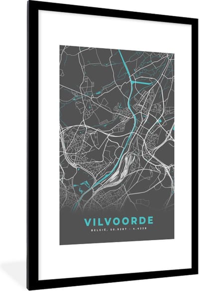 Fotolijst incl. Poster - Stadskaart – Grijs - Kaart – Vilvoorde – België – Plattegrond - 80x120 cm - Posterlijst