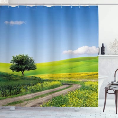 ABAKUHAUS douchegordijn – Landelijk Land – 175×200 cm – Appelgroen Bleekblauw