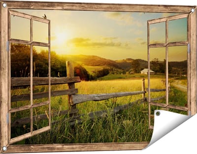Gards Tuinposter Doorkijk Boerderij Hekken op het Grasveld - 90x60 cm - Tuindoek - Tuindecoratie - Wanddecoratie buiten - Tuinschilderij