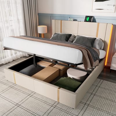 MEUNIQ Gestoffeerd bed 180 x 200 cm met USB Type-C laadfunctie, RGB LED, opbergruimte en lattenrost, beige