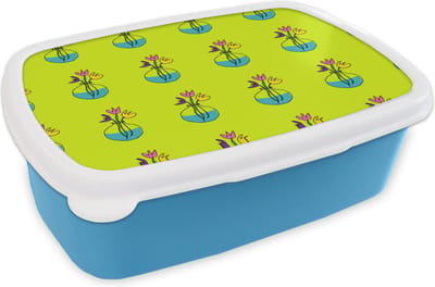 Broodtrommel Blauw - Lunchbox - Brooddoos - Bloemen - Vazen - Patronen - 18x12x6 cm - Kinderen - Jongen