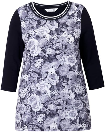 MIAMODA - Dames - Overhemdblouse satijn met bloemenmotief jersey achterpand - Zwart - Maat 44