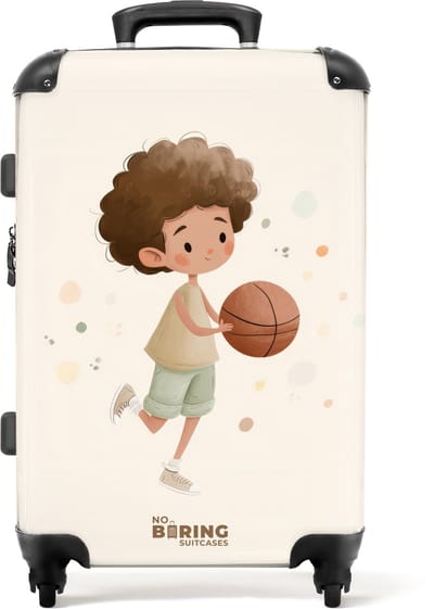 NoBoringSuitcases.com® - Kinderkoffer jongen - Kindertrolley jongens - Jongen met een basketbal in beige kleuren - Koffer kind groot - Rolkoffer lichtgewicht - Reiskoffer met 4 wielen - Grote trolley XL - 20 kg bagage