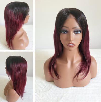Frazimashop- Braziliaanse Remy Pruik -14 Inch- 35cm – Echt Mensenhaar – Steil – 4x4 Lace Closure – Ombre 1B/Rood Bordeaux
