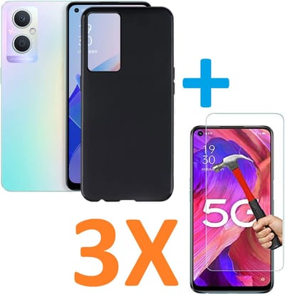 Soft TPU Zwart hoesje Silicone Case +3 stuk Glas Screenprotector Geschikt voor: Oppo A96
