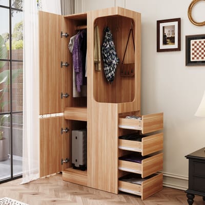 MEUNIQ kledingkast 70 x 40 x 170 cm met 1 deur, 4 lades en open hanggedeelte, houten opbergkast voor slaapkamer, naturel