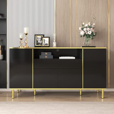 Dressoir met Lade - Commode Kast - Opbergen Woonkamer - Hoogglans Afwerking - 150 x 80 cm - Zwart