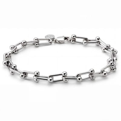 New Classics | 7 mm zilverkleurige roestvrijstalen paperclip- en kralenarmband