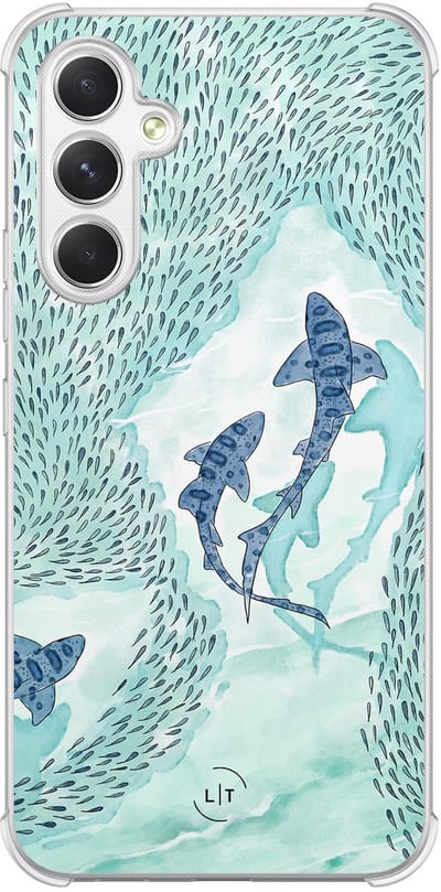 Shockproof hoesje - Geschikt voor Samsung Galaxy A54 - Baby shark - Extra sterke case - TPU/polycarbonaat - Print / Illustratie - Blauw, Transparant