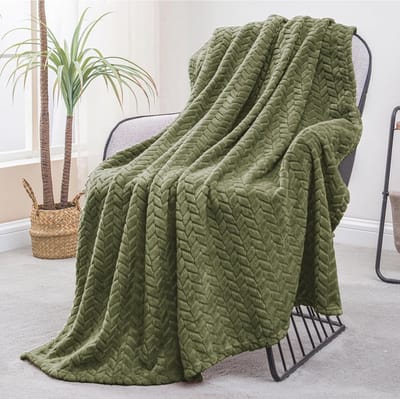 Grote flanellen fleece deken 127 x 178 cm - Zachte jacquard geweven bladeren patroon in olijfgroen