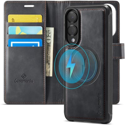 Casemania Hoesje Geschikt voor Samsung Galaxy S25 Edge - Charcoal Gray - Geschikt voor MagSafe - Luxe Kunstleer 2 in 1 Afneembare Bookcase - Anti-Vingerafdruk - Portemonnee Telefoonhoesje met Pasjeshouder
