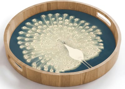 Dienblad rond 40x40 cm - Schootdienblad hout - Vogel - Blauw - Vintage - Borrelplank rechthoek - Plateau houten dienbladen