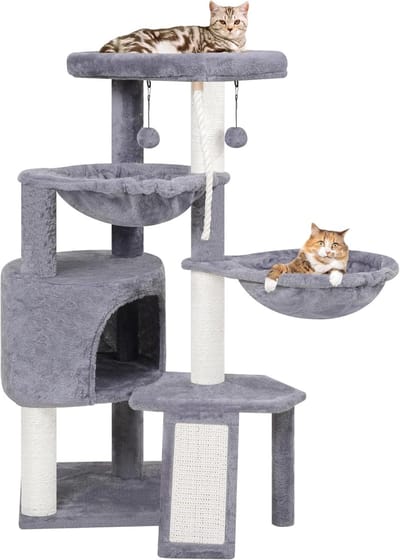 Famanu - Krabmeubel met activiteiten, compact kattenhuis met speeltouwen en zachte rustplekken