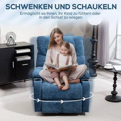 Relaxfauteuil Draaibaar En Schommelbaar Met Verstelbare Rugleuning En Voetsteun Voor Woonkamer En Ontspanning Blauw Stof