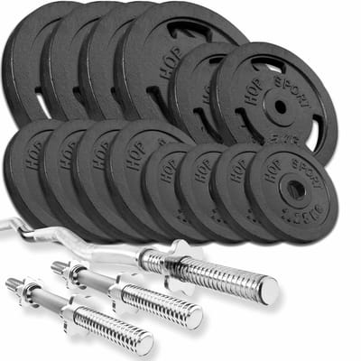 Hop Sport – Halterset 77 kg – SZ Curlstang 120 cm – 2 Korte Halterstangen 40 cm – Gietijzeren Halterschijven 30 mm