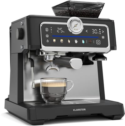 Klarstein GrandPresso Touch espressomachine met ingebouwde molen – 20 bar, 1350 W, geïntegreerde precisiemolen, touchscreen, 2,3 liter waterreservoir, stoommondstuk, roestvrij staal, zwart