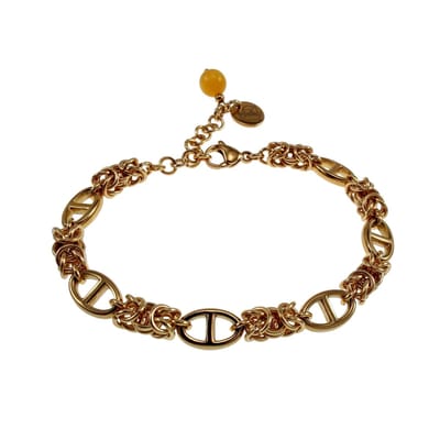 Armband Dames - Verguld RVS - Byzantijnse en Anker Schakelarmband met Amber Kattenoogsteen – Verstelbaar 15cm tot 19cm