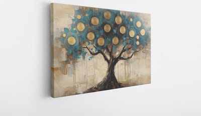 Saammp Canvas Schilderij - Boom met goude cirkels- Abstract kunstwerk - 30x20 - Foto op canvas - Wanddecoratie - Muurdecoratie Woonkamer - Slaapkamer decoratie - Canvas Print