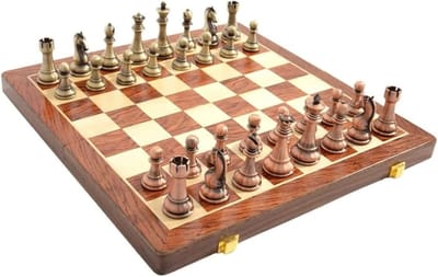 Schaakset - Schaakspel Hout - Reizen en Spelen - Metalen Stukken - 39.5cm Bord - Bruin