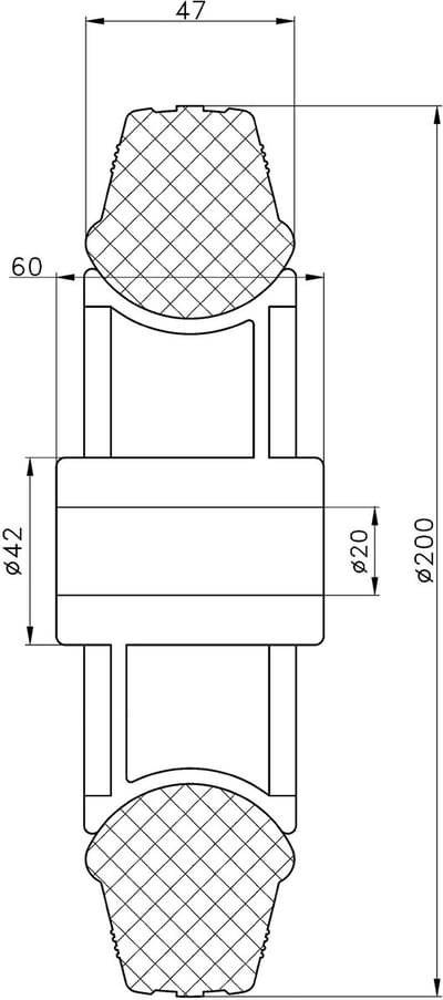 Wiel van 200 mm (8 inch) met grijze rubberen band en kunststof hart, draagvermogen 410 kg, set van 2