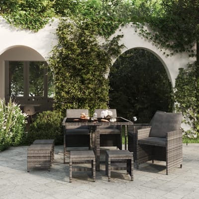 vidaXL - 9-delige - Tuinset - met - kussens - poly - rattan - grijs