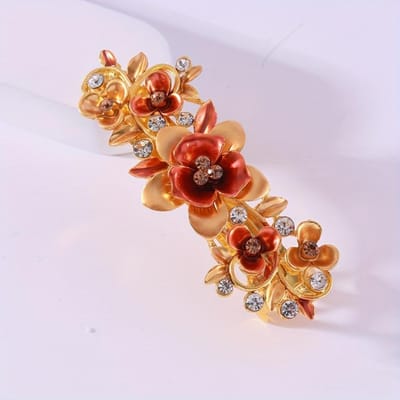 Pince à Cheveux Bohème Florale Unique avec Strass, Grande Épingle à Cheveux Rectangulaire avec Fleurs Émaillées Multicolores, Accents Dorés à Cristaux Scintillants pour Femmes brown