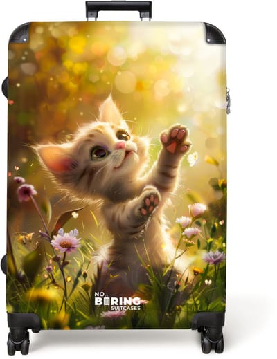 NoBoringSuitcases.com® - Koffer groot - Reiskoffer lichtgewicht - Jonge kitten in zonovergoten bloemenveld - Rolkoffer met 4 wielen - Grote trolley XL - 98 liter bagage
