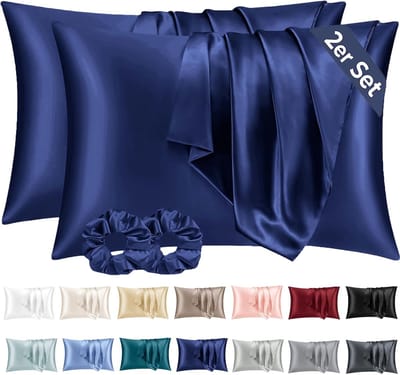 Famanu - Satijnen kussenslopen 50x70 cm marine set 2, zo zacht als zijde, haar en huid, envelopsluiting met 2 haarbandjes