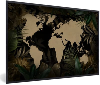 Poster in lijst - Fotolijst 90x60 cm - Posters - Wereldkaart - Tropische planten - Bloemen - Posterlijst zwart - Decoratie - Wanddecoratie woonkamer - Muurdecoratie slaapkamer