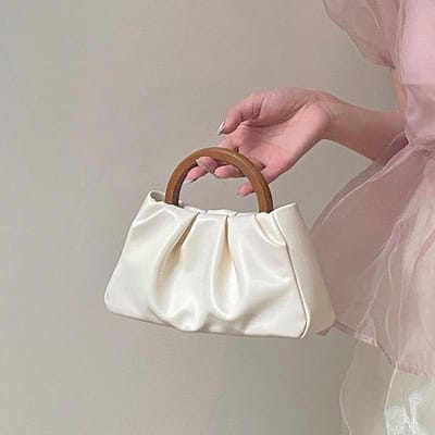 Koreaanse Nieuwe Houten Handvat Geplooide Wolk Kleine Handtas Dames Tas Schoudertas Crossbody Mini Tas white