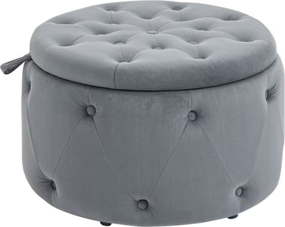 Opberghocker Ø60 x 40 cm - Ronde Ottomane Met Deksel - Zitkussen - Fluweel - Grijs