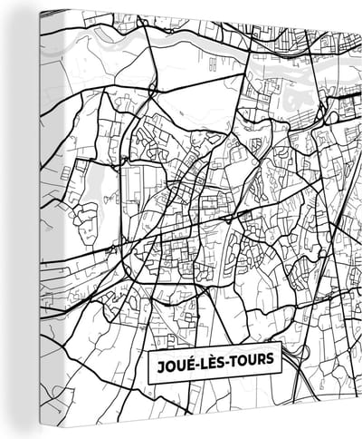 Canvas Schilderij Frankrijk - Joué-lès-Tours - Plattegrond - Stadskaart - Kaart - Zwart wit - 20x20 cm - Wanddecoratie