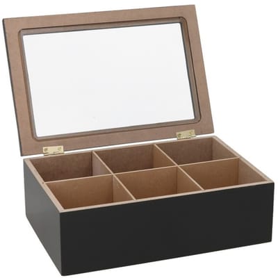 Gerimport Theedoos - zwart - 6-vaks - hout - 16 x 24 x 8 - met deksel - theebox