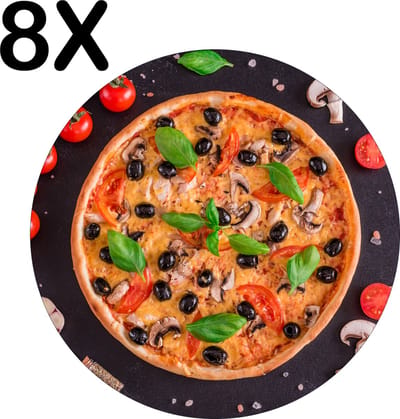 Luxe Ronde Placemat - Compositie van een Pizza en Beleg - Set van 8 Placemats - 50x50 cm - 2 mm dik Vinyl - Anti Slip - Afneembaar