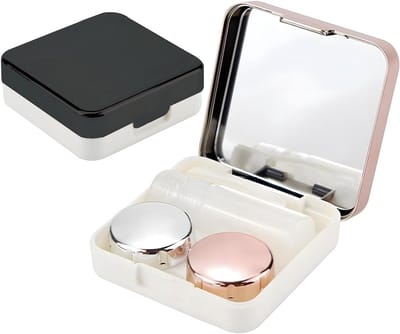 Lenzenbakje - 2 stuks Lensdoosje met spiegel - Lenshouder - Lensdoosje - Contactlensdoosje - Mini Box Contactlenscontainer - met L- en R-doppen - Handig voor onderweg - Handig voor in je handtas - Ideaal voor op reis - Roze en zwart