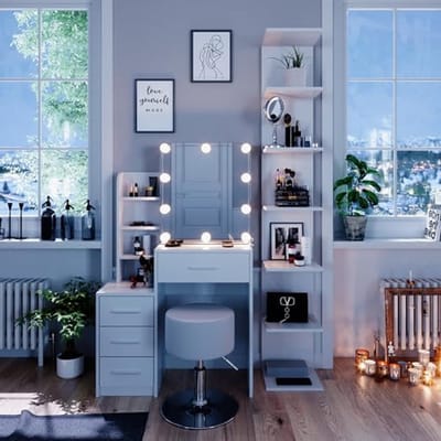 Moderne make-up tafel met LED verlichting en comfortabele kruk - 80 cm