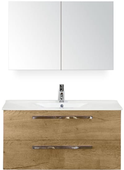 Seville Badmeubelset 100 cm - Natuur Eiken - Keramische Wastafel Wit Enjoy met Spiegelkast