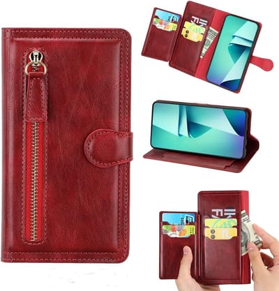 Premium vintage portemonnee hoesje met ritssluiting flip-cover hoes met kaarthoudersleuven Geschikt voor: Samsung Galaxy A34 5G - rood