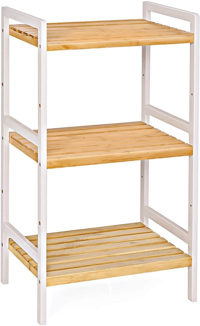Opbergrek Plankenrek Boekenrek Displayrek met 3 open opbergvakken Stevig en duurzaam bamboe frame Stijlvolle eenvoudige moderne uitstraling Geschikt voor badkamer keuken en slaapkamer 45 x 31,5 x 80 cm Wit+Houtkleur