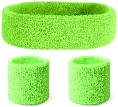 Zweetbandjes set - 3-delig - Sweatbands - Sportbandjes - 1x Hoofdband 2x polsbandjes - Headband - Wristbands - Badstof - Neon/fluoriserend groen - Jonyx