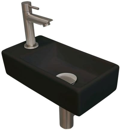 INK - Fonteinpack Porselein Links incl. Fonteinkraan - Design Sifon - Design Plug en Montageset - 360x180x90 Mm - Mat Zwart/brushed Nickel