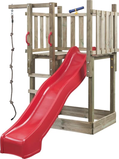 Houten Speeltoren Mario (SwingKing) | Speeltoren met Glijbaan en Knopentouw voor Buiten in de Tuin | FSC Hout - Glijbaan Rood
