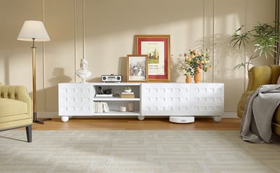 REDOM TV-meubel 200x40x44 cm van spaanplaat, wit met bedrukte deuren, halfoffen vak en 5 poten