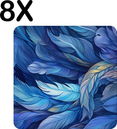 Luxe Placemat - Getekende Blauwe Veren - Set van 8 Placemats - 50x50 cm - 2 mm dik Vinyl - Anti Slip - Afneembaar