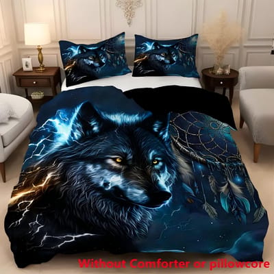Wolf Dromenvanger 3D Geprint Cartoon Anime Wolf Dekbed Dekbed Polyester Zacht Comfortabel Studentenkamer Slaapkamer Beddengoed Sets EU single(135x200cm) black