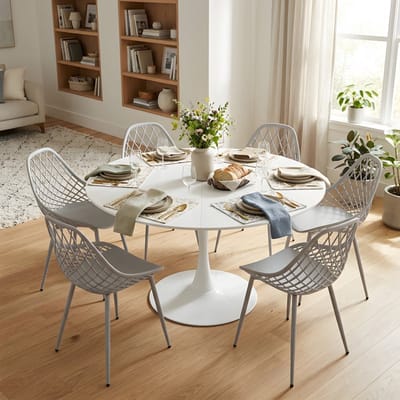 EGGREE eettafel en stoelen - 6 grijze eetkamerstoelen - tafel Ø 100 cm - voor bar - café en eetkamer